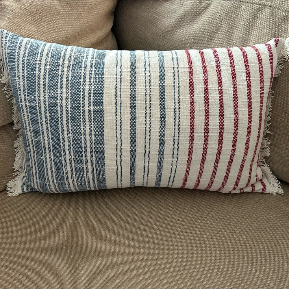 “New” Striped Red, White & Blue Fringe Pillow - Coastal Accent